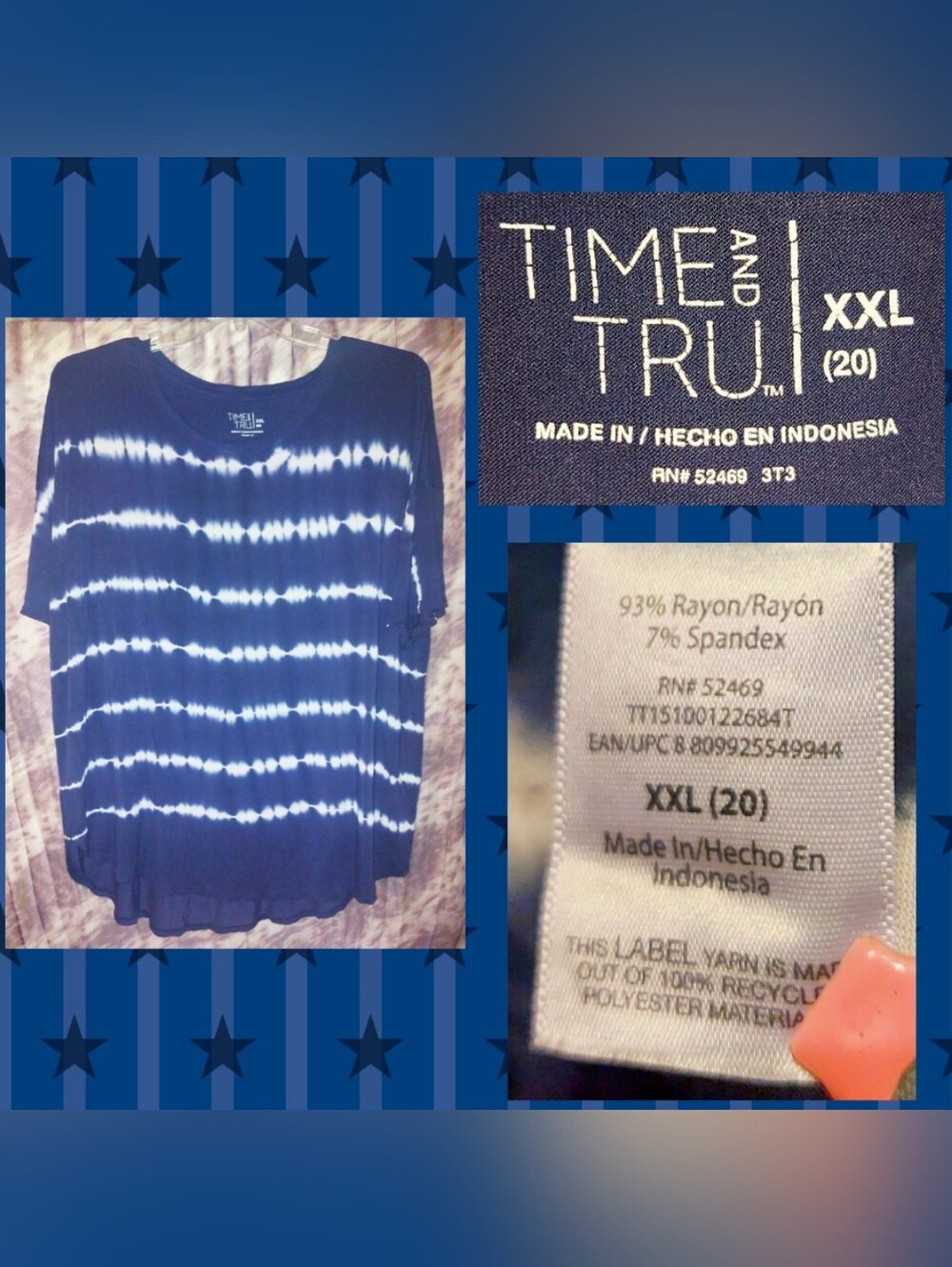 Time and Tru brand Navy Blue & White Tie Dye Striped Print Soft Knit Top 2X(20)